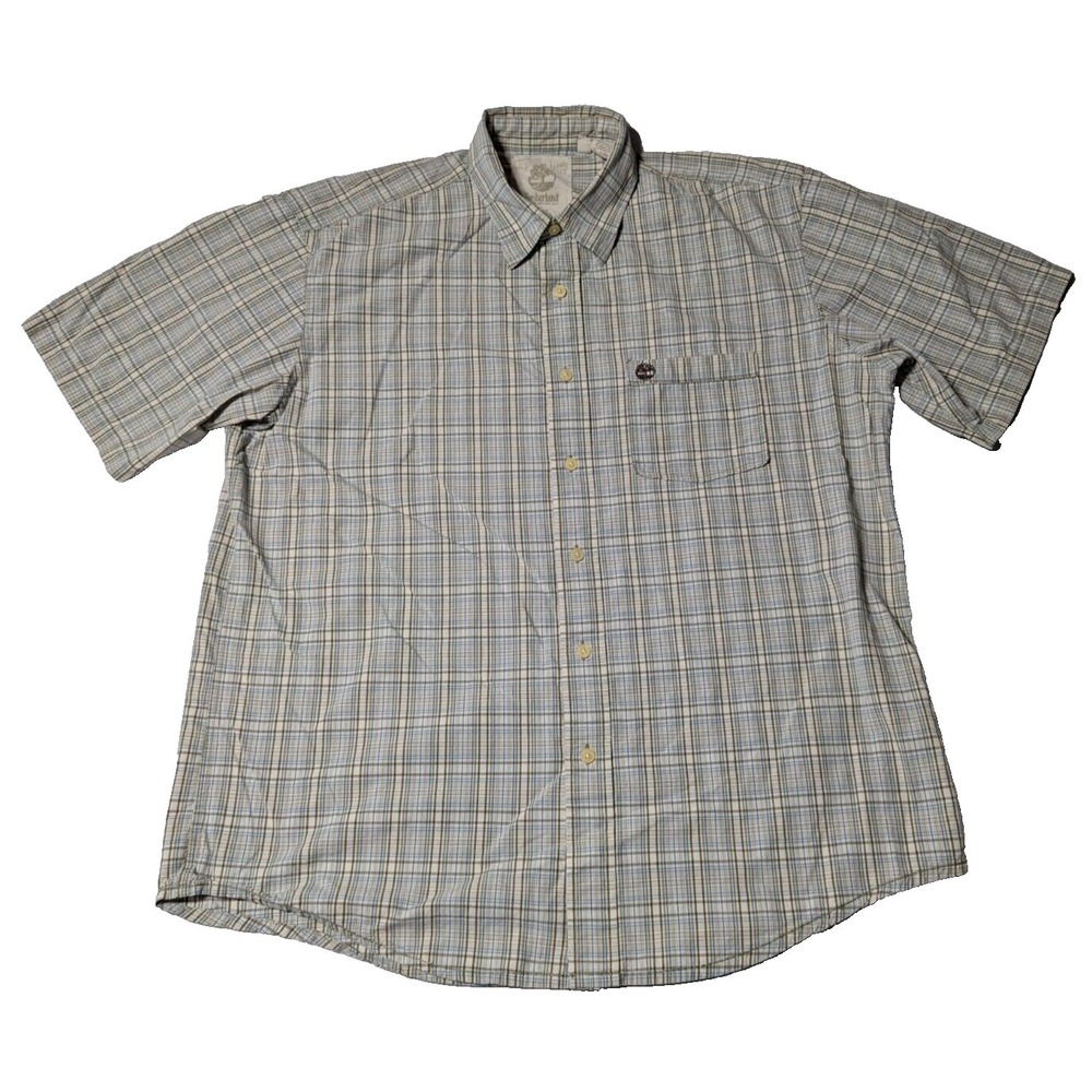 TIMBERLAND Men Large Blue Brown Plaid Cotton Short‎ Sleeve Button-Up Shirt